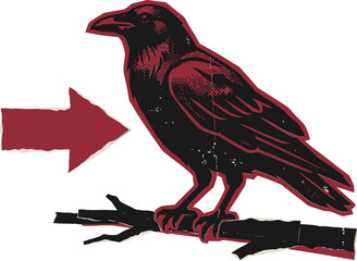 Fototapeta premium Vintage raven bird vector illustration, black crow perched on branch with red arrow, distressed woodcut style corvid graphic for logos