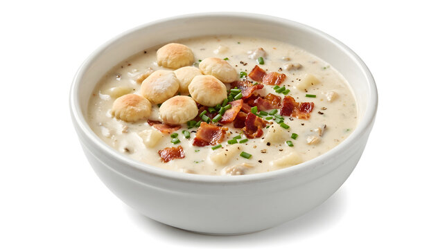 A creamy bowl of New England clam chowder topped with crispy bacon, fresh chives, and oyster crackers, perfect for restaurant menus or food advertising