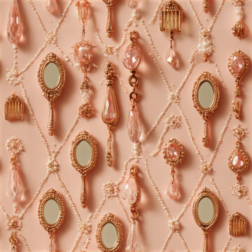 Elegant blush pattern of ornate gold hand mirrors, pearl strands and faceted crystal pendants arranged as luxurious vintage beauty accessories.