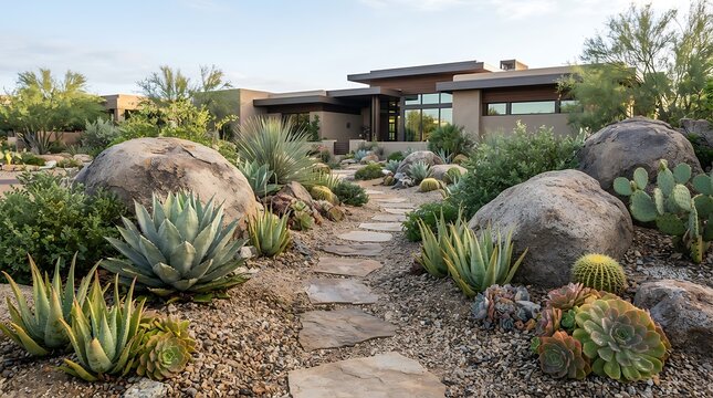 Modern house with a desert garden and stone pathway. arizona front yard