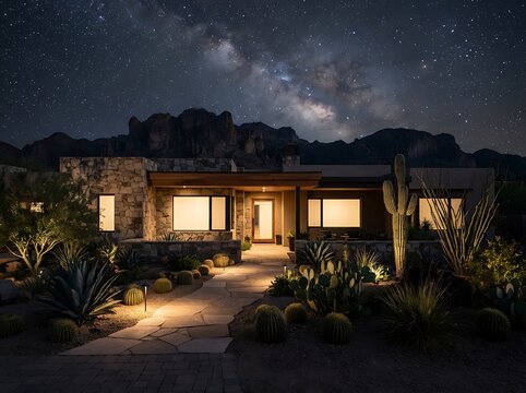 Modern house at night with desert landscape and stars. arizona front yard