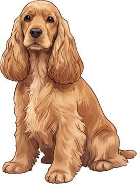Cute American Cocker Spaniel dog with long floppy ears and golden wavy coat sitting on black background, charming medium canine and pet concept illustration