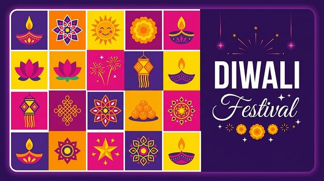 Colorful diwali festival greeting card design with various traditional indian icons and decorative patterns in a grid layout