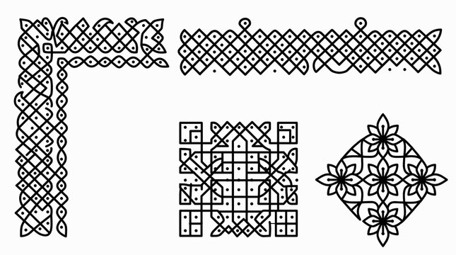 Set of traditional indian kolam floor art patterns with geometric and floral designs in black and white