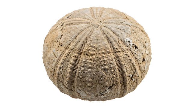 A fossilized sea urchin test with intricate radial patterns and textured beige surface, isolated on white background for educational use