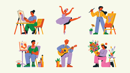 Fototapeta premium Set of creative people engaged in various hobbies like painting, dancing, and playing guitar, flat vector illustration