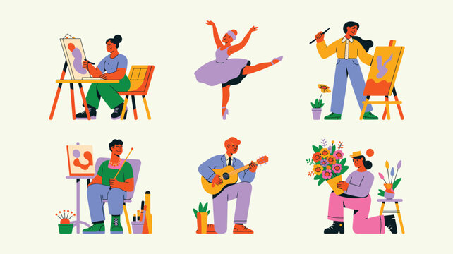 Set of creative people engaged in various hobbies like painting, dancing, and playing guitar, flat vector illustration
