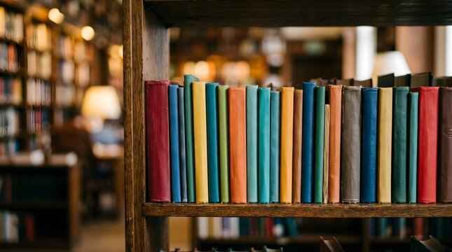 Colorful books neatly arranged on wooden library shelf