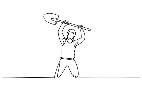 Continuous single line drawing of a gardener man holding a shovel in his hands Vector, illustration