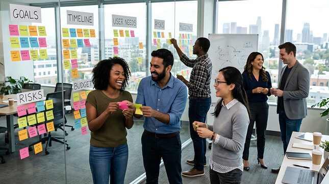 Diverse business team collaborates on strategy using sticky notes and whiteboard for Q1 planning and financial growth Corporate planning