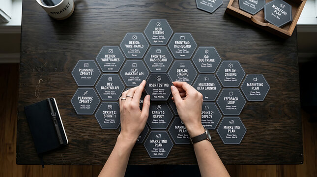 Agile project management board with hexagonal cards for sprint planning and task management Corporate planning