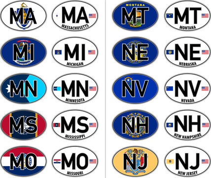USA, oval international vehicle registration code license plate car sticker, Massachusetts to Jersey, vector illustration
