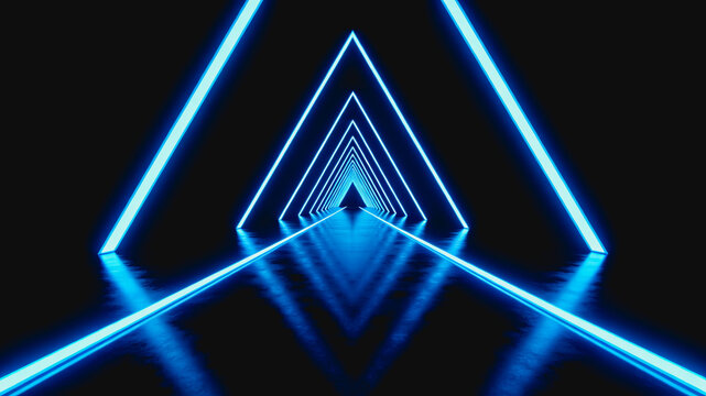 Neon Blue Triangle Tunnel with Infinite Recursive Glowing Lines