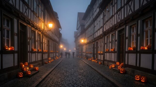 European cobblestone street lined with glowing Halloween pumpkins.