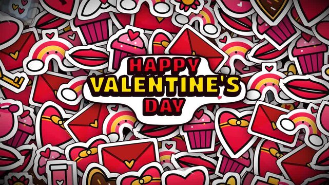 Happy Valentine's Day text over colorful romantic stickers collage