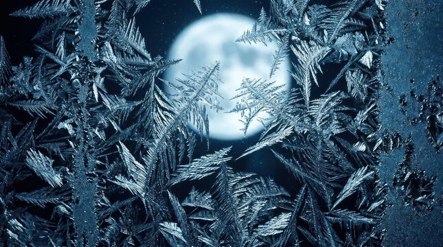 Frozen window pane with moon in winter night.