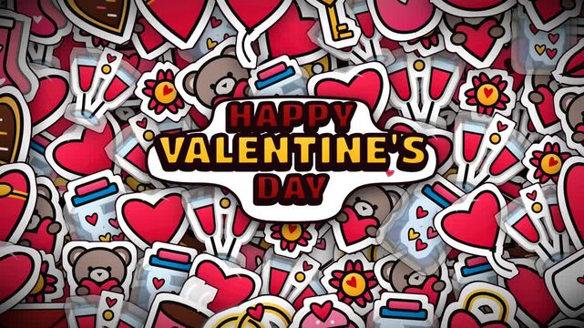 Happy Valentine's Day text over colorful romantic sticker background
