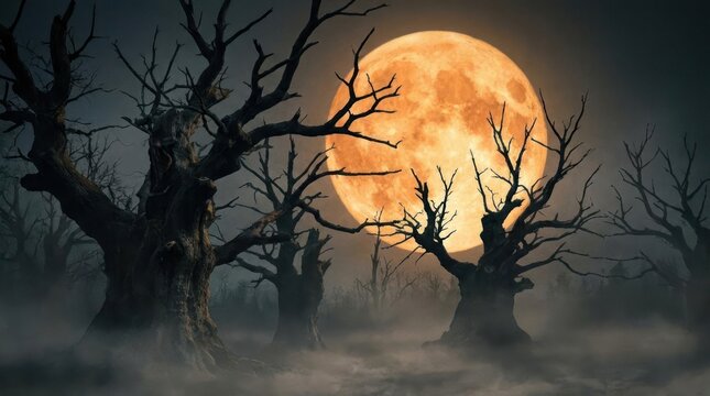 Full moon behind dead trees in misty forest.