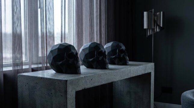 Geometric black faceted skulls on stone bench interior.