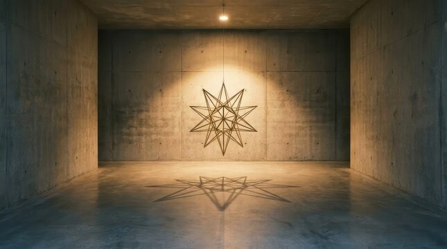 Geometric star light projection in concrete room.
