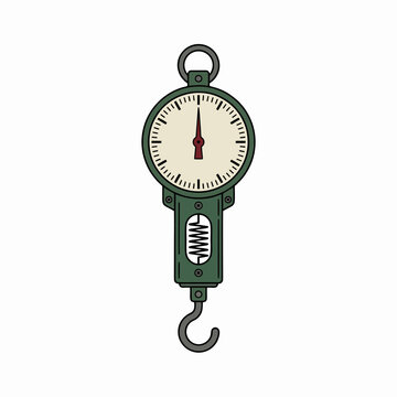 A detailed flat illustration of a vintage mechanical hanging spring scale with a metal hook for measuring weights isolated on a white background