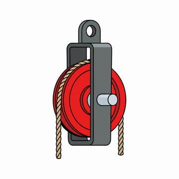 Single red pulley wheel with rope and gray metal frame industrial lifting mechanism vector illustration isolated on white background