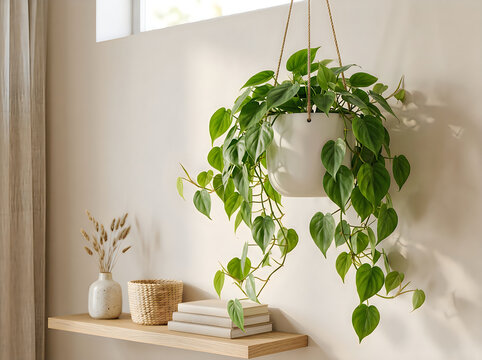 Hanging philodendron plant in a modern minimalist interior with natural light