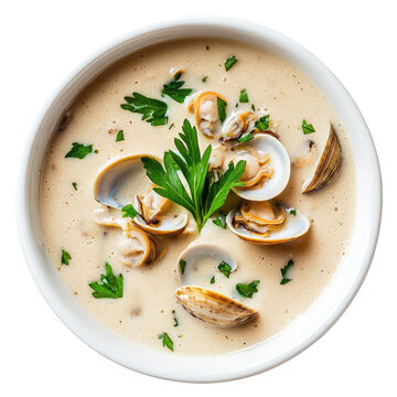 Overhead View of Creamy Clam Chowder Soup Garnished with Fresh Parsley in White Bowl with Transparent Background