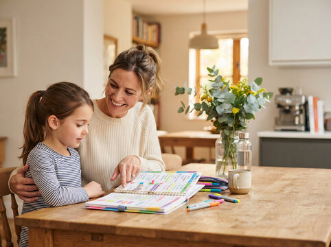 Smiling mother helping her young daughter with school homework and schedule planning in a cozy home kitchen sitting at a wooden table