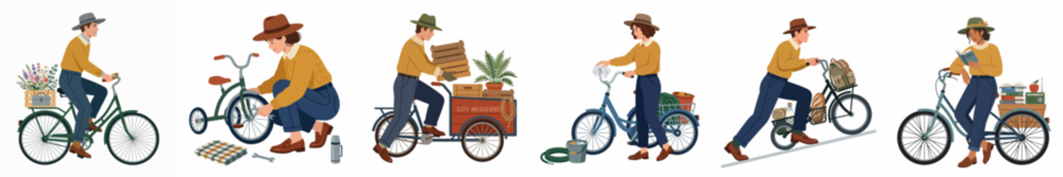 Vector illustration set of a woman in various activities with bicycles, including riding, repairing, and carrying cargo on a white background.