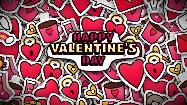 Happy Valentine's Day Sticker Banner with Heart and Love Doodles