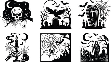 Fototapeta premium halloween silhouette set, spooky graveyard skull, crow raven coffin, web spider reaper candle, gothic vector collection, dark occult clipart design