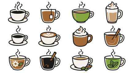 Obraz premium Set of Twelve Steaming Hot Beverage Icons Featuring Various Coffee and Tea Cup Designs