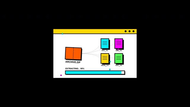 ZIP File Extraction Neo Brutalism Popup Animation with Archive Opening and Multiple Documents Sequentially Appearing Inside a Folder