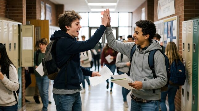 Happy teen boys giving high five in school hallway holding notebooks