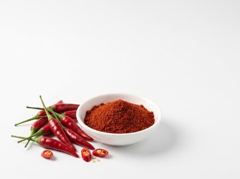 Red hot chili peppers with a bowl of spicy ground chili powder isolated on a white background, culinary spice ingredient for cooking and seasoning