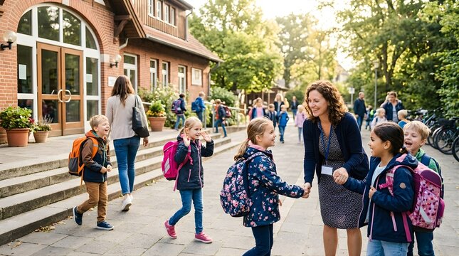 Happy teacher greeting primary students arriving at school building entrance