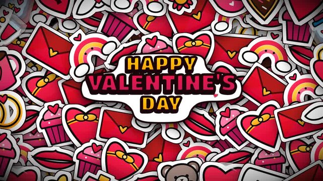 Happy Valentine's Day text with animated sheen over love stickers