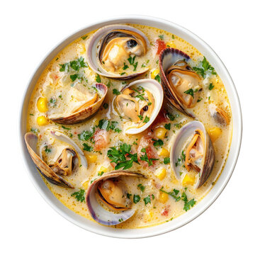 Close Up View of Creamy Clam Chowder Soup in White Bowl with Corn Parsley and Shellfish against a Transparent Background