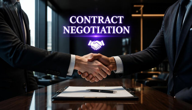 Professional businessmen in tailored suits perform a firm handshake to finalize an important legal contract agreement