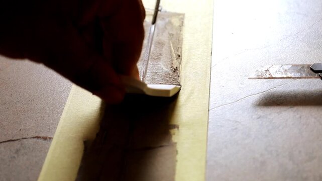 Hand of an experienced craftsman smoothly levels building compound with a spatula along protective masking tape to accurately restore a damaged surface seam.