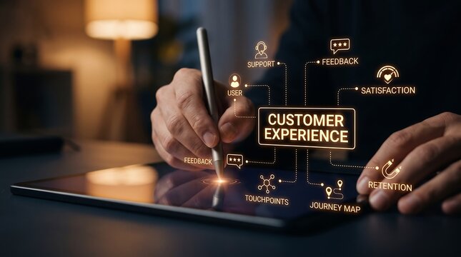 Strategist mapping customer experience journey and touchpoints on digital tablet to improve user satisfaction and retention