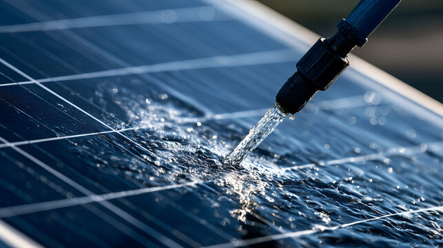 Close-Up Of A Solar Panel Being Cleaned After A Dust Storm, Soft Window Light, Telephoto Compression, Tight Framing, High-Contrast Tones, Photorealistic, Ultra-Detailed