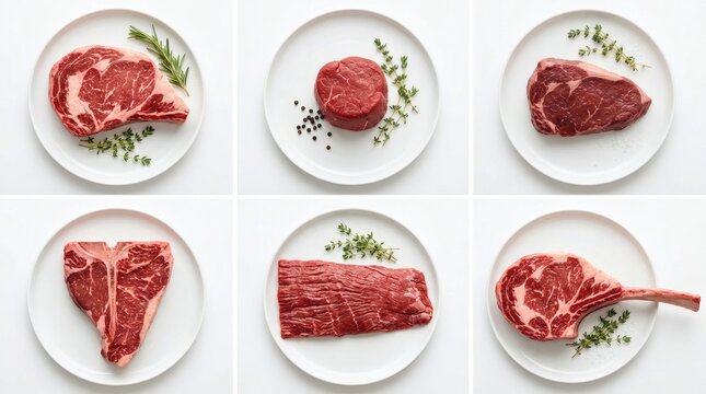 Grid 6 Steak Cut Varieties Ribeye Filet Sirloin T-Bone Flank Tomahawk White Background

