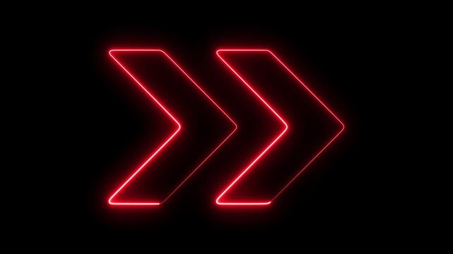 Red neon glowing double arrow sign pulsing on black background, minimalist motion