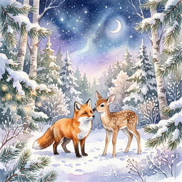 Red Fox Walking Through a Snowy Winter Forest Surrounded by Trees and White Snow, Wild Red Vulpes Vulpes Mammal in a Cold Natural Woodland Landscape