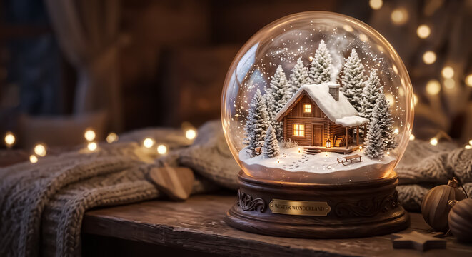 Snow globe featuring a cabin and pine trees, sitting on a table for the Christmas holidays.