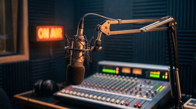 Professional studio microphone and audio mixing console in radio broadcast