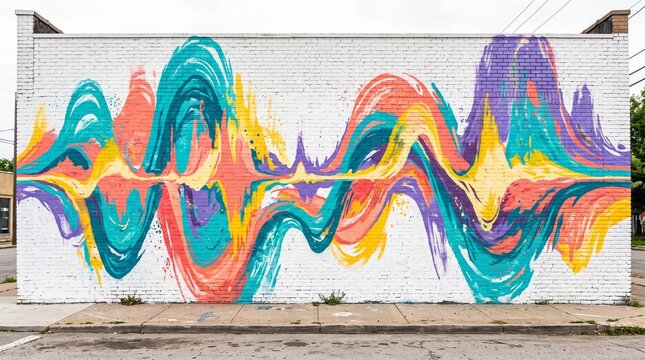 Abstract sound wave graffiti mural on a weathered white brick wall with wall art