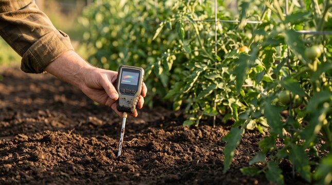 Gardener using a digital soil moisture meter in a vegetable garden bed